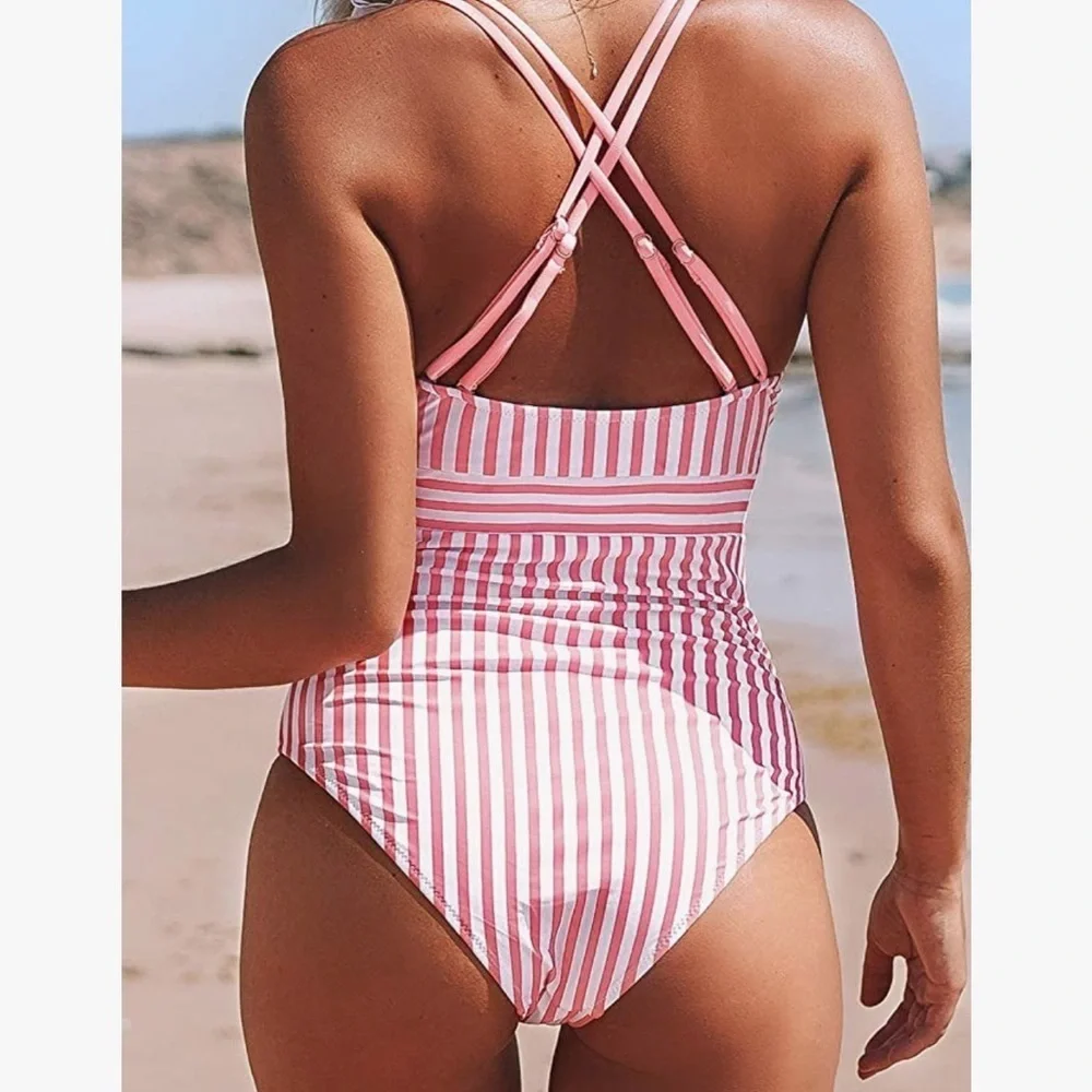 Women's V Neck One Piece Swimsuit Ruffled Back Cross Swimwear Pink White